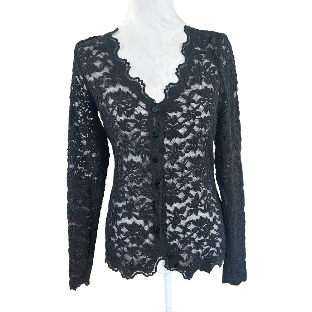 Rosemunde Black Lace Top V Neck SZ M Button Front Gothic, Romantic